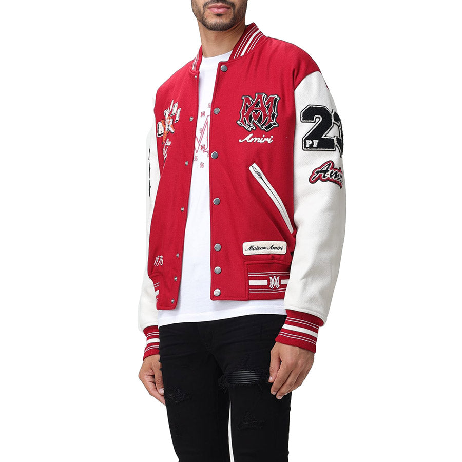 AMIRI Appliquéd Embroidered Wool-Blend Twill and Leather Varsity Jacket