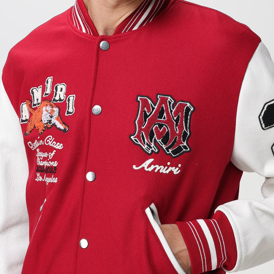AMIRI Appliquéd Embroidered Wool-Blend Twill and Leather Varsity Jacket