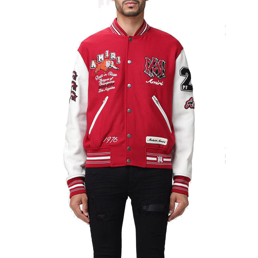 AMIRI Appliquéd Embroidered Wool-Blend Twill and Leather Varsity Jacket