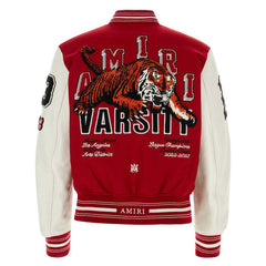 AMIRI Appliquéd Embroidered Wool-Blend Twill and Leather Varsity Jacket